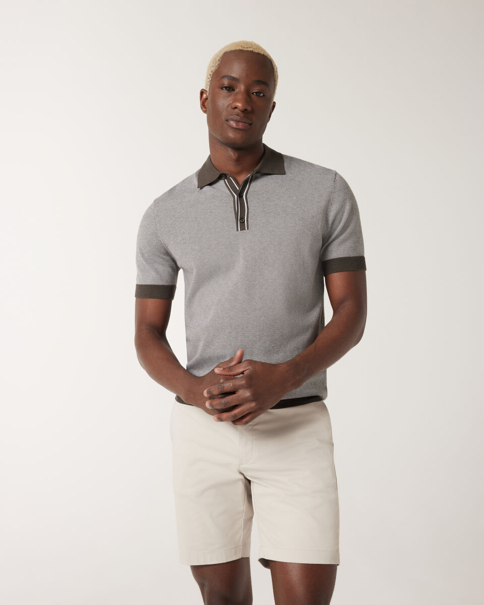 Striped Button-up Collar Polo, Khaki, hi-res